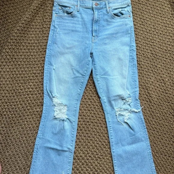 MOTHER Blue Ankle Cropped Jeans with Distressed Hem - Picture 3 of 5